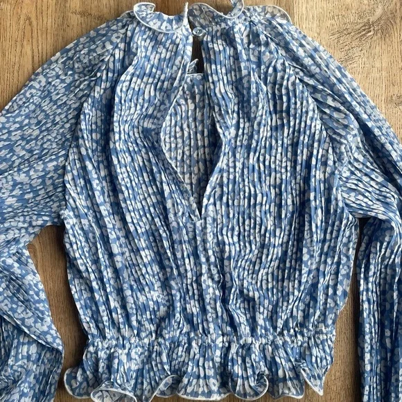 C/MEO Collective Blue White Floral Pleated Long Sleeve Ruffle Hem Blouse XS boho - Picture 5 of 5